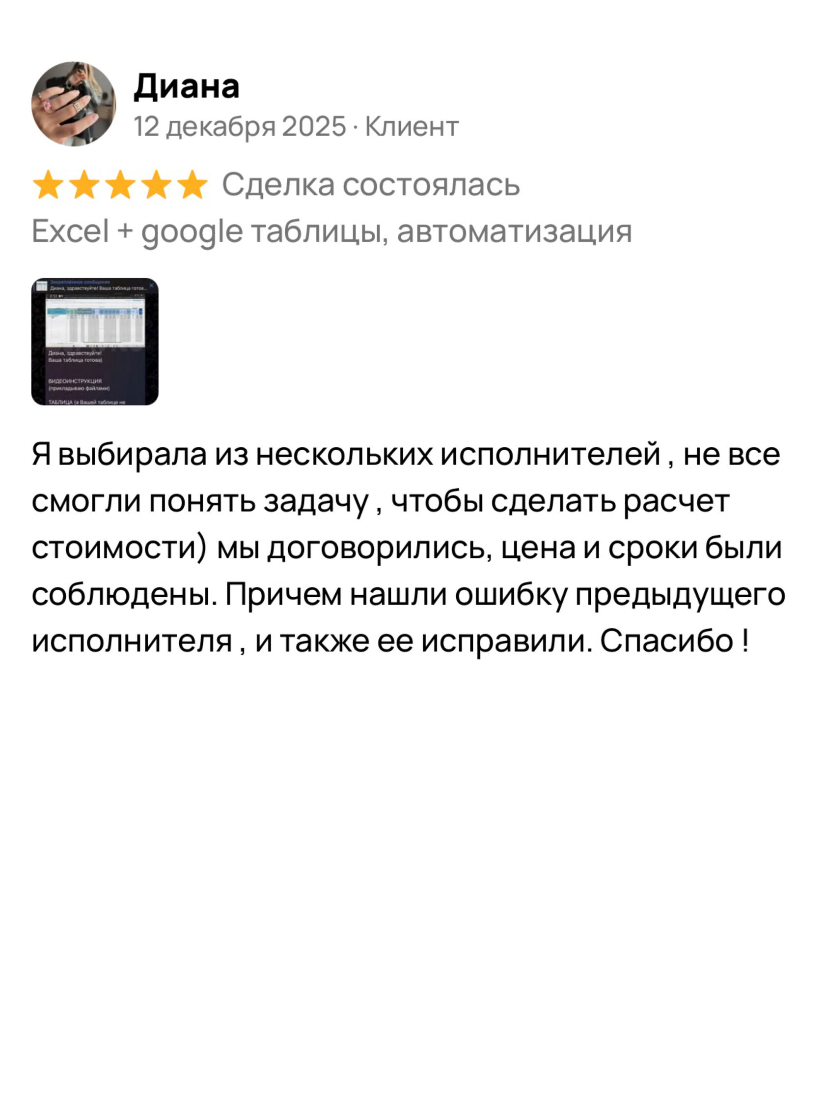 Оригинальный отзыв: Диана. О соблюдении договорённостей и исправлении ошибки в расчётах. Нажмите для увеличения.