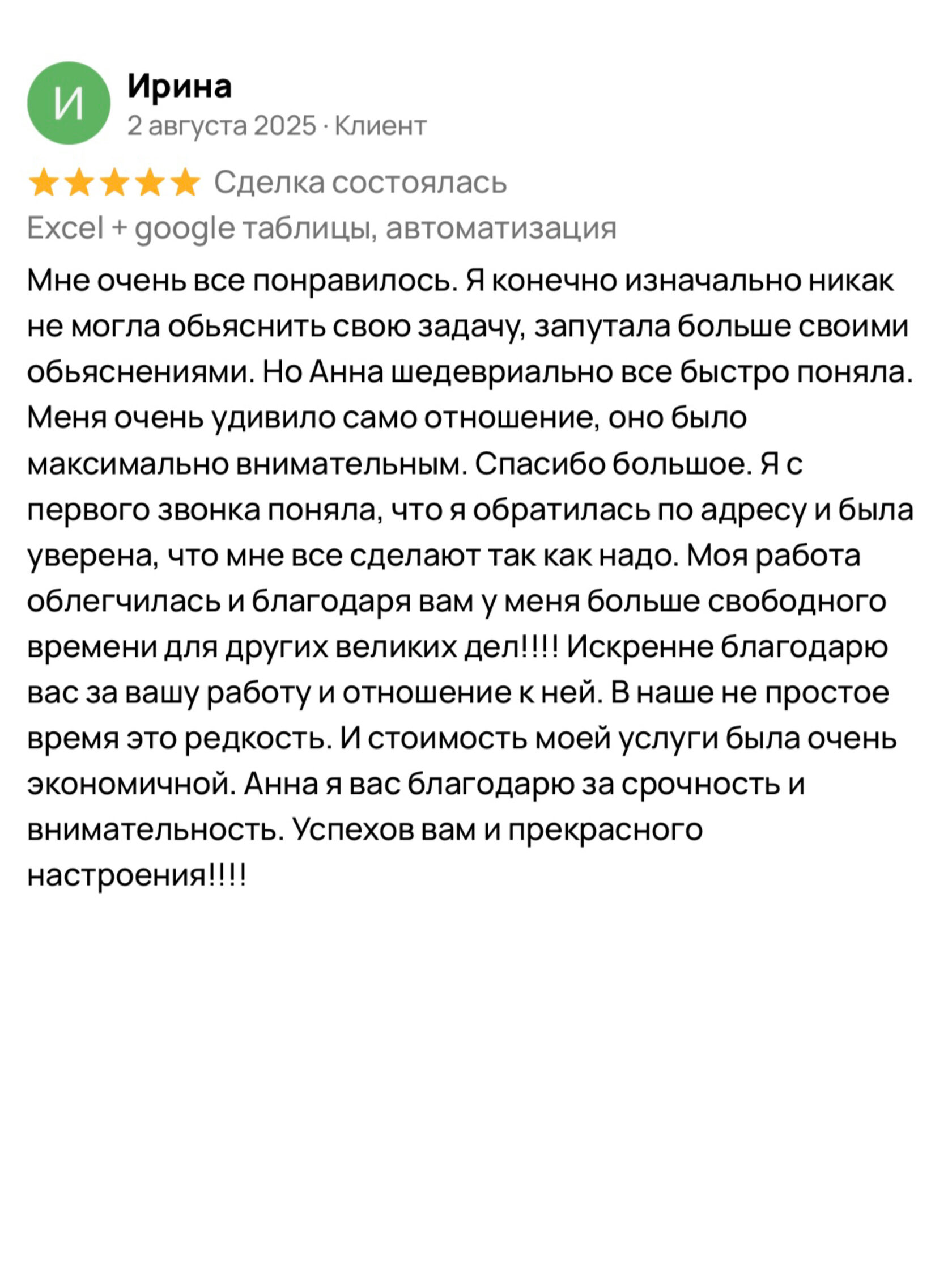 Оригинальный отзыв: Ирина. О внимательности Анны и понимании задачи клиента. Нажмите для увеличения.